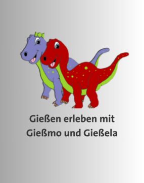 Zwei gemalte Dinosaurier, einer bläulich, einer rot, beide mit einem grünen Bauch. Text darunter: Gießen erleben mit Gießmo und Gießela