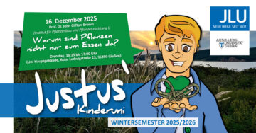 Flyer mit den Daten zur Kinderuni. Vorne eine Grafik einer Person, die etwas in der Hand hält, im Hintergrund Wiese und Natur